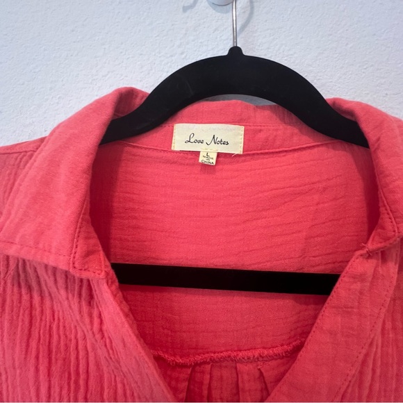 Love Notes Coral Orange Boxy Shirt Size L Button Down 100% Cotton Gauzy Look - Picture 2 of 8